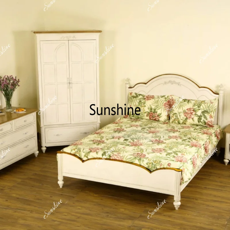 Small apartment furnished bedroom, double bed, antique white, small apartment