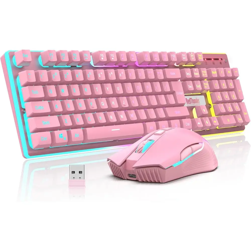 Wireless Gaming Keyboard and Mouse Set, LED Backlit, Rechargeable 3800mAh, Mechanical Key Anti-ghosting + 7D 3200DPI Gaming Mous