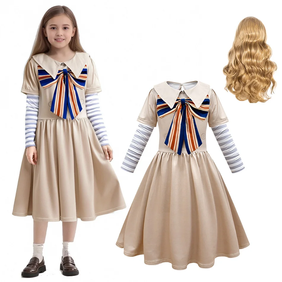 Kids Preppy School Dress Fake Two Piece Striped Long Sleeve Outfit with Sailor Collar Big Striped Bow for Graduation Daily Wear