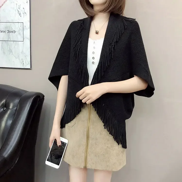 Black Women Spring Knit Tassels Open Stitch Lady Out Loose Coat Sweater Vest Party Scarf Over Cloth Top Shawl Cloak Cape Poncho