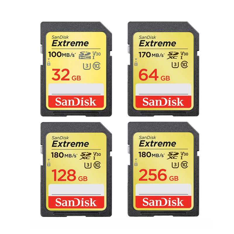 SanDisk Memory Card Extreme SD Card 4K UHD 32GB SDHC 64GB 128GB 256GB SDXC C10 U3 V30 up to 180M/s For 1080p 3D Full HD Camera