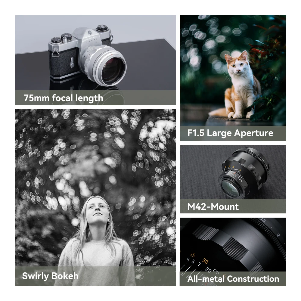 TTArtisan 75mm F1.5 Silvery Full Frame Manual Focus Swirly Bokeh Magic Lens M42-Mount