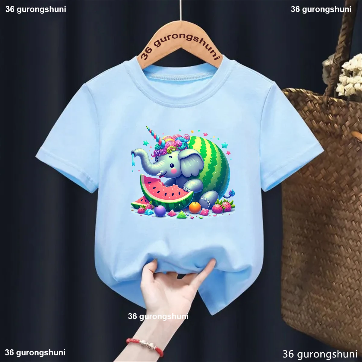 

Unicorn Elephants Love To Eat Watermelon Printed Tshirt Girls/Boys Funny Kawaii Kids Clothes Summer Fashion Solid T-Shirt Tops