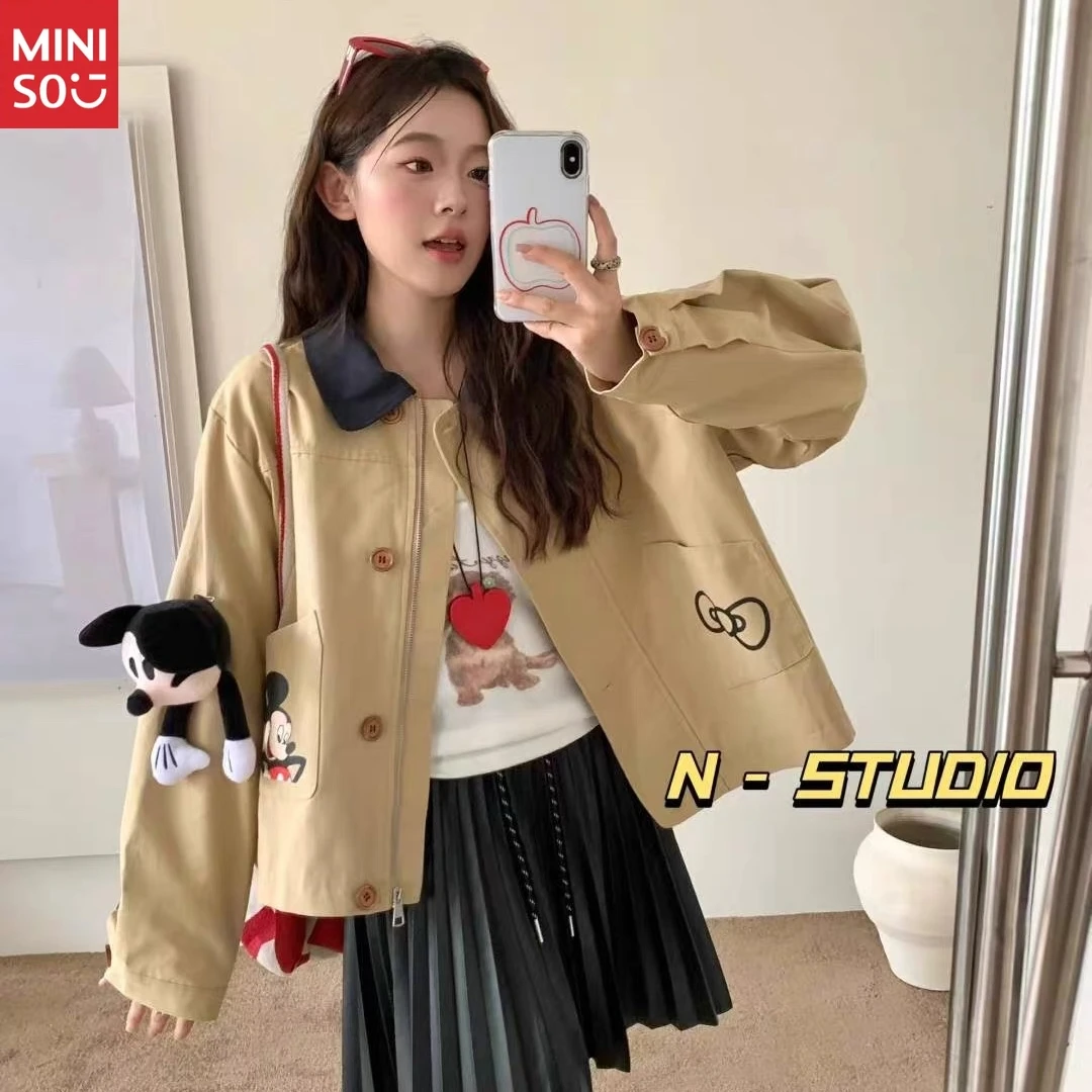 

Miniso Age-reducing Mickey Jacket 2025 Slim Cartoon Embroidered Lapel Short Jacket for Women Without Accessories