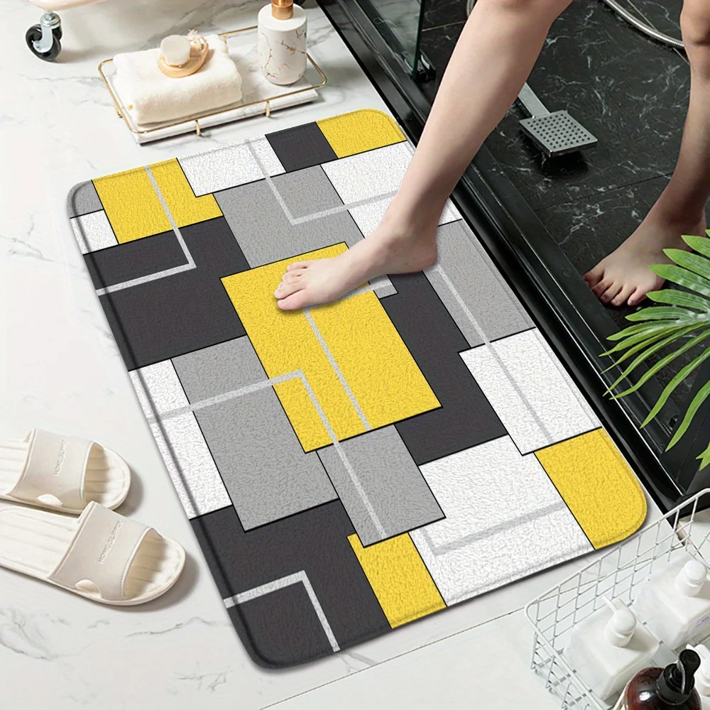 Geometric Block Doormat – Yellow, Gray, Black & White Rectangular Pattern on Textured Surface,  Decorative Indoor Floor Mat