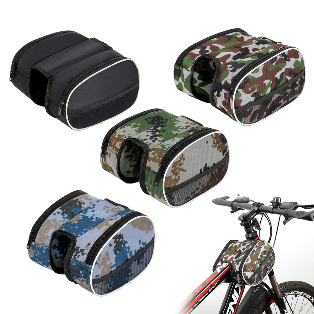 Waterproof Bicycle Front Beam Bag, Polyester Material, Reflective Strip, Easy Installation, Super Capacity, Black/Camouflage