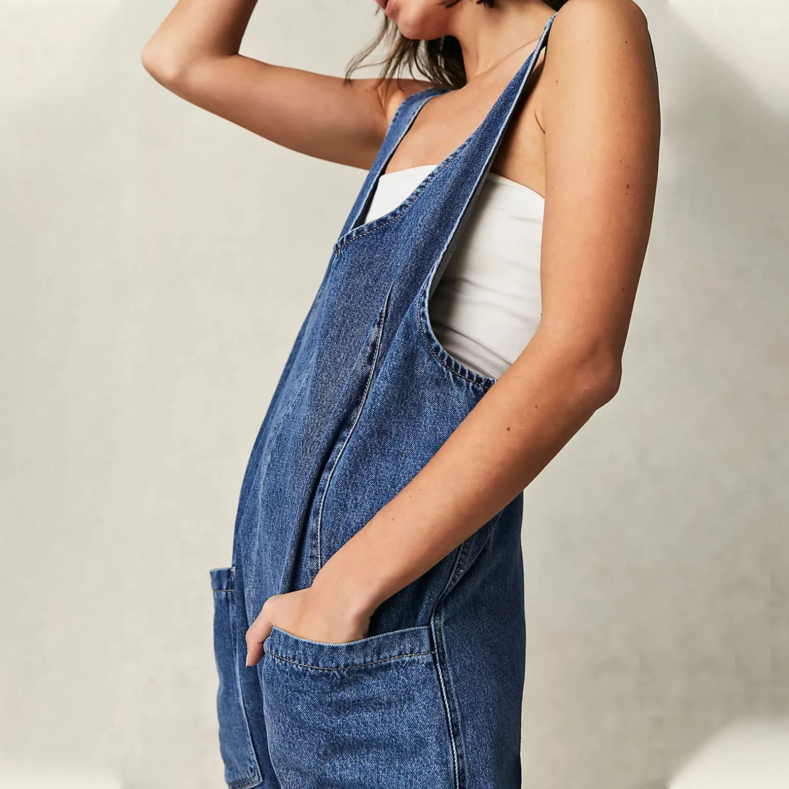 Women Oversized Denim Bib Overalls Solid Color Loose Jumpsuit Romper Slouchy Relaxed Fit Jumpsuits with Pockets for Streetwear