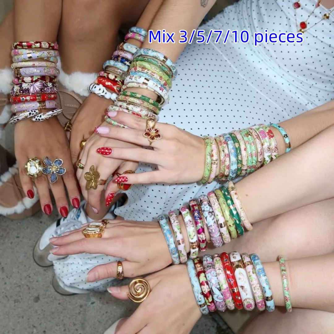 Mixed 3/5/7/10 pieces Cloisonné enamel teardrop gold-plated women's bracelet open bangle party jewellery