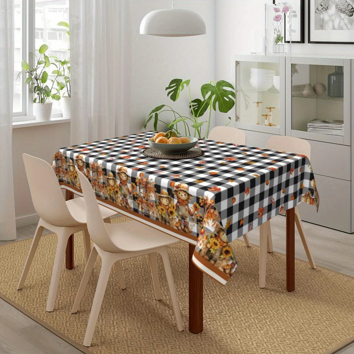 JIT, 1PC Autumn Harvest Season Black and White Check Straw Man Maple Leaf Hello Autumn Restaurant Printzyc