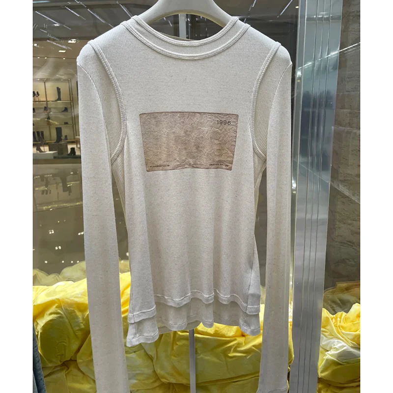 

Heidd Vintage round Ne Long Sve T-irt Spring Season Faionable Commute Sle Slim Fit Korean Version Print Base irt