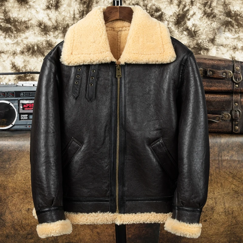 Dark Brown Winter Shearling Jacket Men Military Style Plus Size 5XL Natural Thick Sheepskin Warm B3 Bomber Genuine Leather Coat