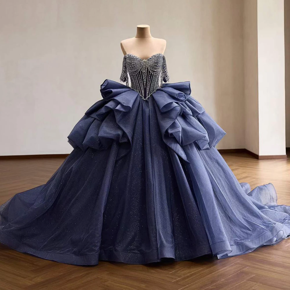 Charming Navy Blue Quinceanera Dress Sweetheart Off Shoulder Lace Up Back Crystal Customized Evening Dress