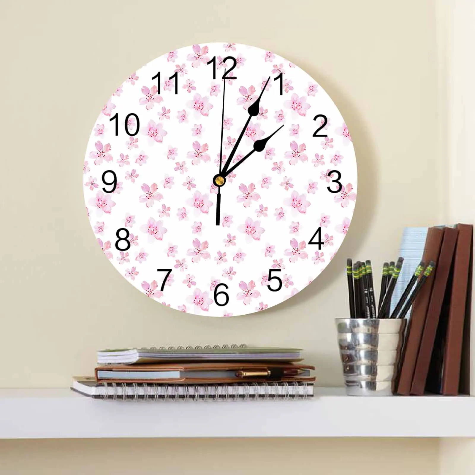 Pink Watercolor Cherry Blossom Wall Clock Large Modern Kitchen Dinning Round Wall Clocks Bedroom Silent Hanging Watch