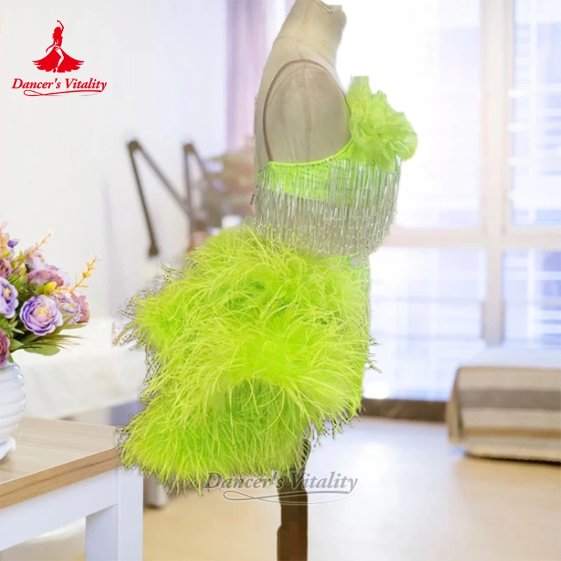 Latin Dance Adult String of Beads Tassels Dresses Customized Teenagers Chacha Rumba Feather Contest Clothing Dancer's Vitality