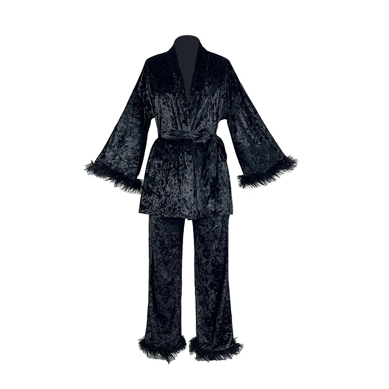 Autumn Winter New Pijamas With Feather Trim Women's 2PCS Pajamas Set  Fashion Velour Cardigan Trouser Suits Loose Homewear Pjs