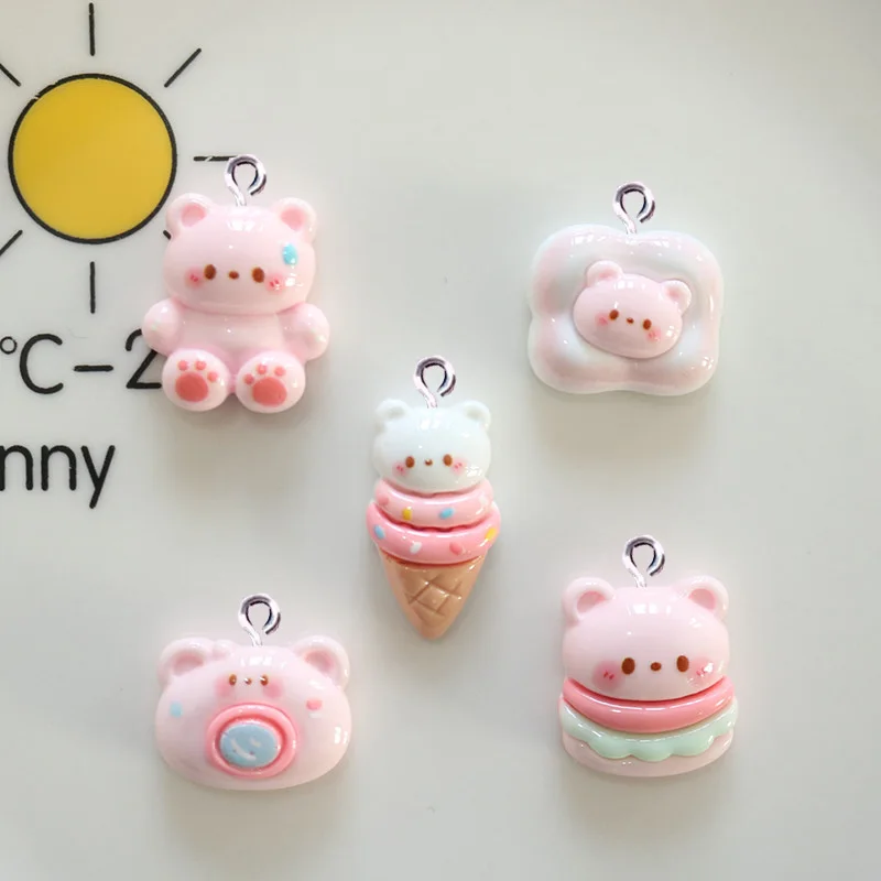 10Pcs Cartoon Kawaii Bear Hamburger Resin Charms for Jewelry Making Accessories DIY Pendants Earrings Necklace Decoration Craft