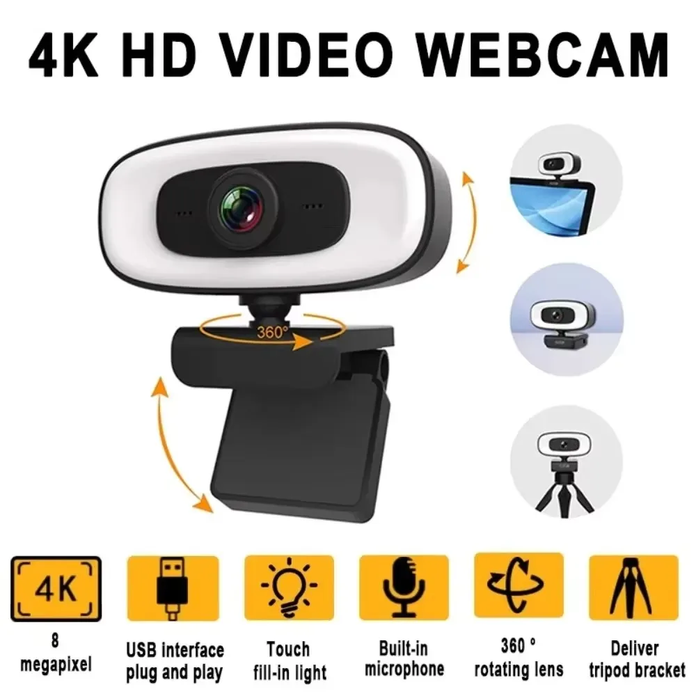 ZLRLMHY Webcam Mini 4K USB ordenador Webcam Full HD1080P Web para trabajar con micrófono trípode para PC portátiles cámara de transmisión en vivo