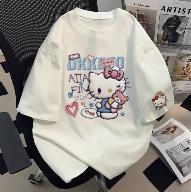 2026 Summer Comic Form Hello Kitty Image 100% Cotton Printed Casual T-shirt Adult Children Parent-child Top Homewear Y2k.