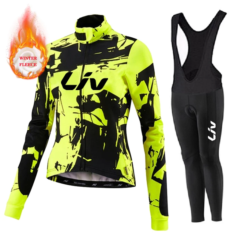 Liv Women Team Winter Fleece Long Sleeve Cycling Jersey Set Mountian Bicycle Clothes Wear Ropa Ciclismo Racing Bike Jersey Suit