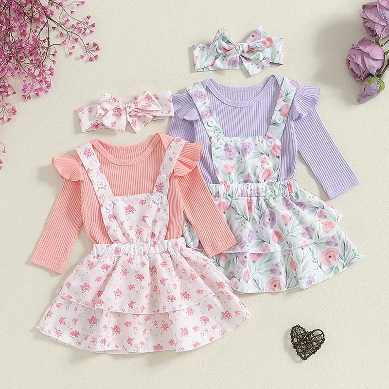 

Baby Girl 3Pcs Outfits Solid Ribbed Knit Romper Floral Print Ruffles Suspender Skirt Headband Newborn Clothes Set