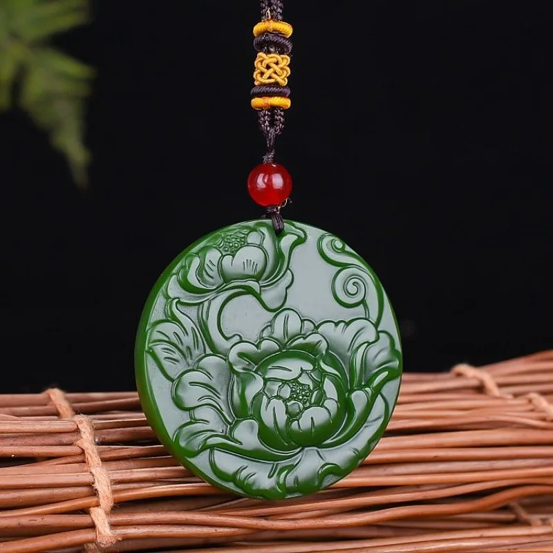 Spinach Green Jade Sculpture Flower Blossom Rich and Noble Pendant Men's and Women's Peony Flower Popular Pendant