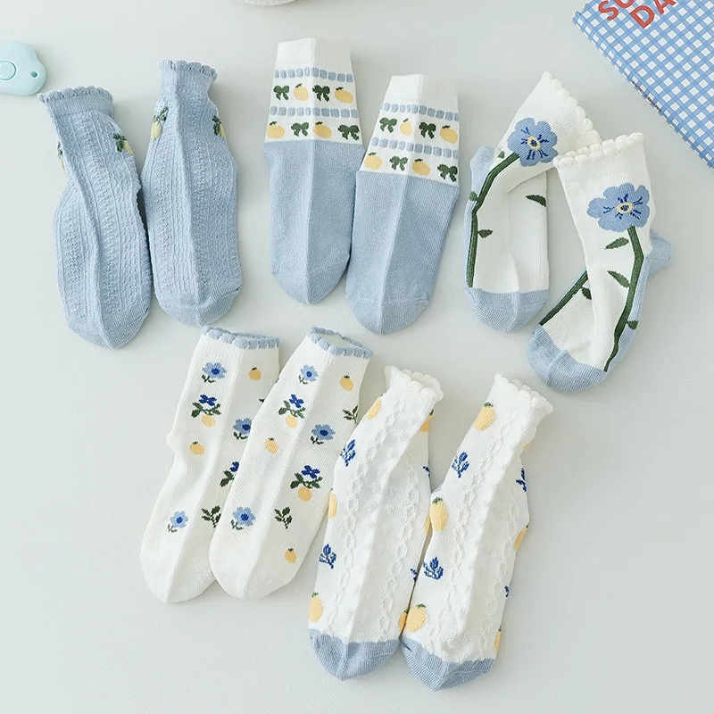 5 Pairs Children Sweet Flower Pattern Socks Ruffle Cuff Soft Cotton Skin‑Friendly Breathable Crew Socks For Little Girls