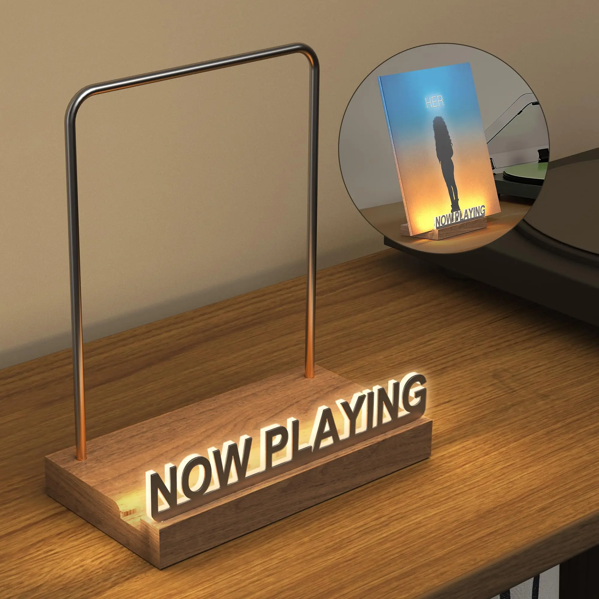 Maintenant jouant du support de disque vinyle illumine le présentoir de disque vinyle avec des albums acryliques anti-empreintes digitales, lumière blanche chaude