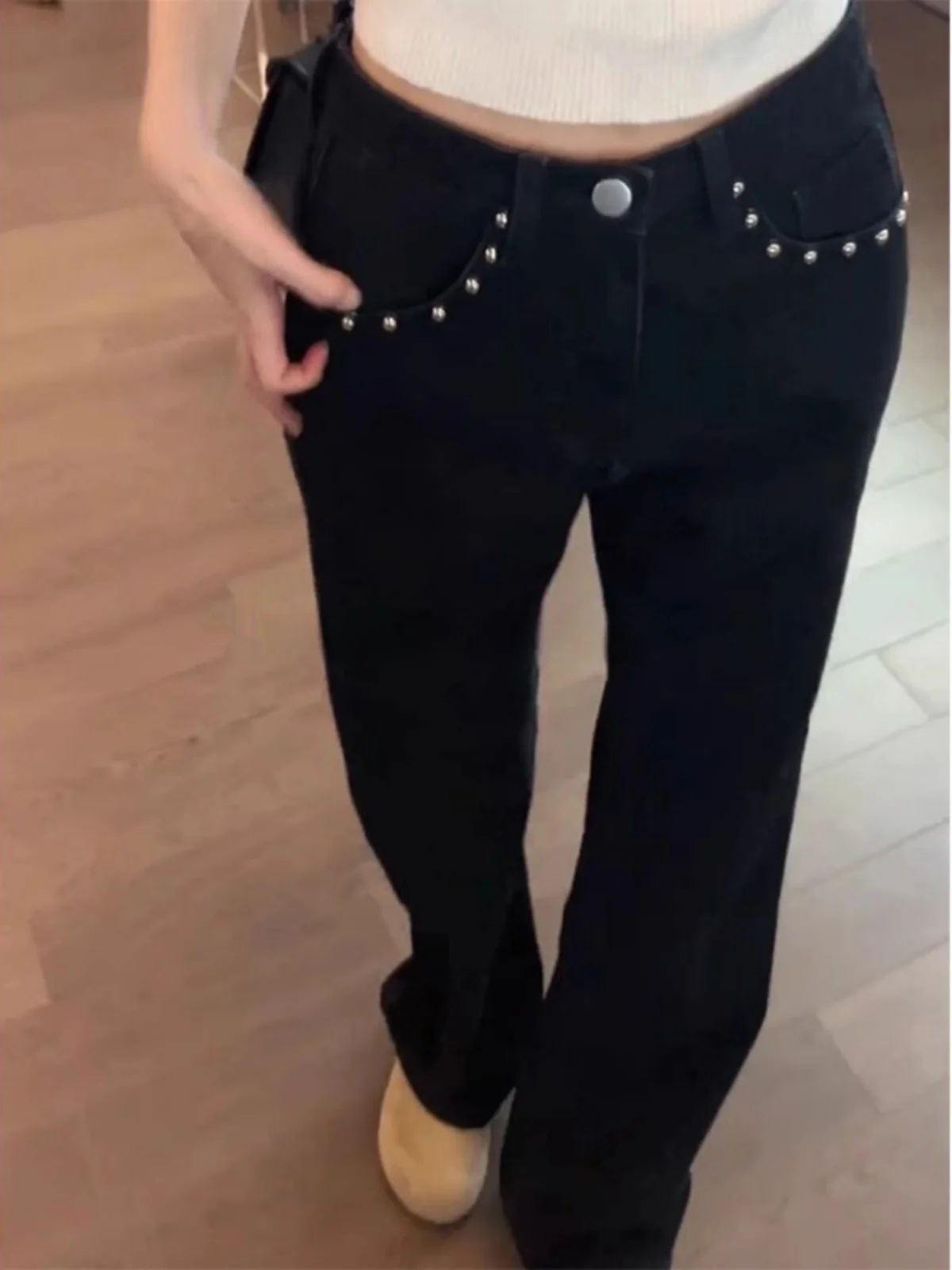 High Waist Bell Bot Jeans mit geradem Bein für Damen in Übergröße, American Sle Rivet Embellied, schlankmachende Hose mit weitem Bein