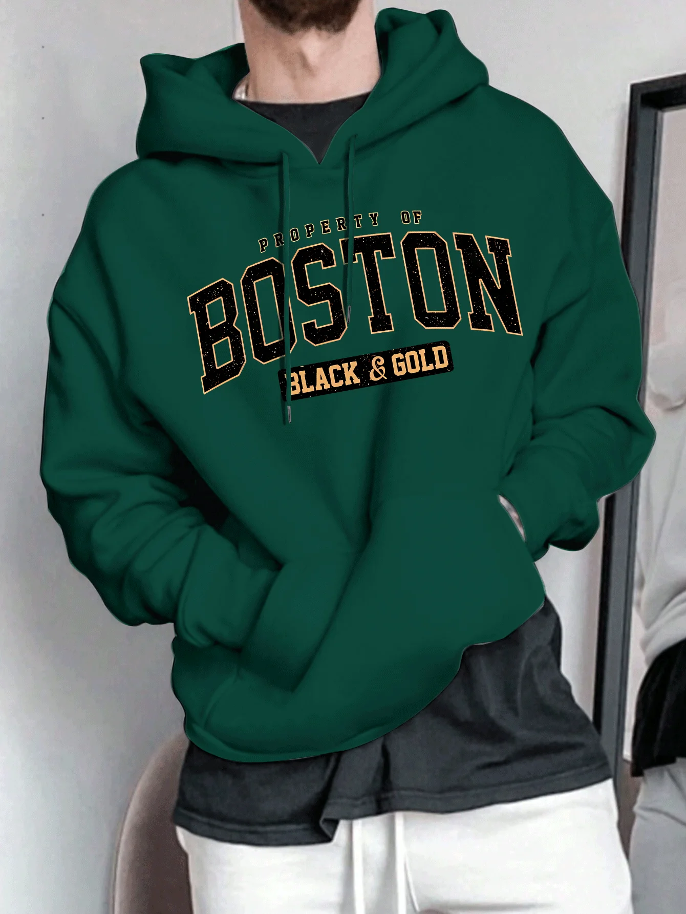 

Толстовка с капюшоном в стиле колледж Boston Black and Gold - американский ретро-свитшот свободного кроя
