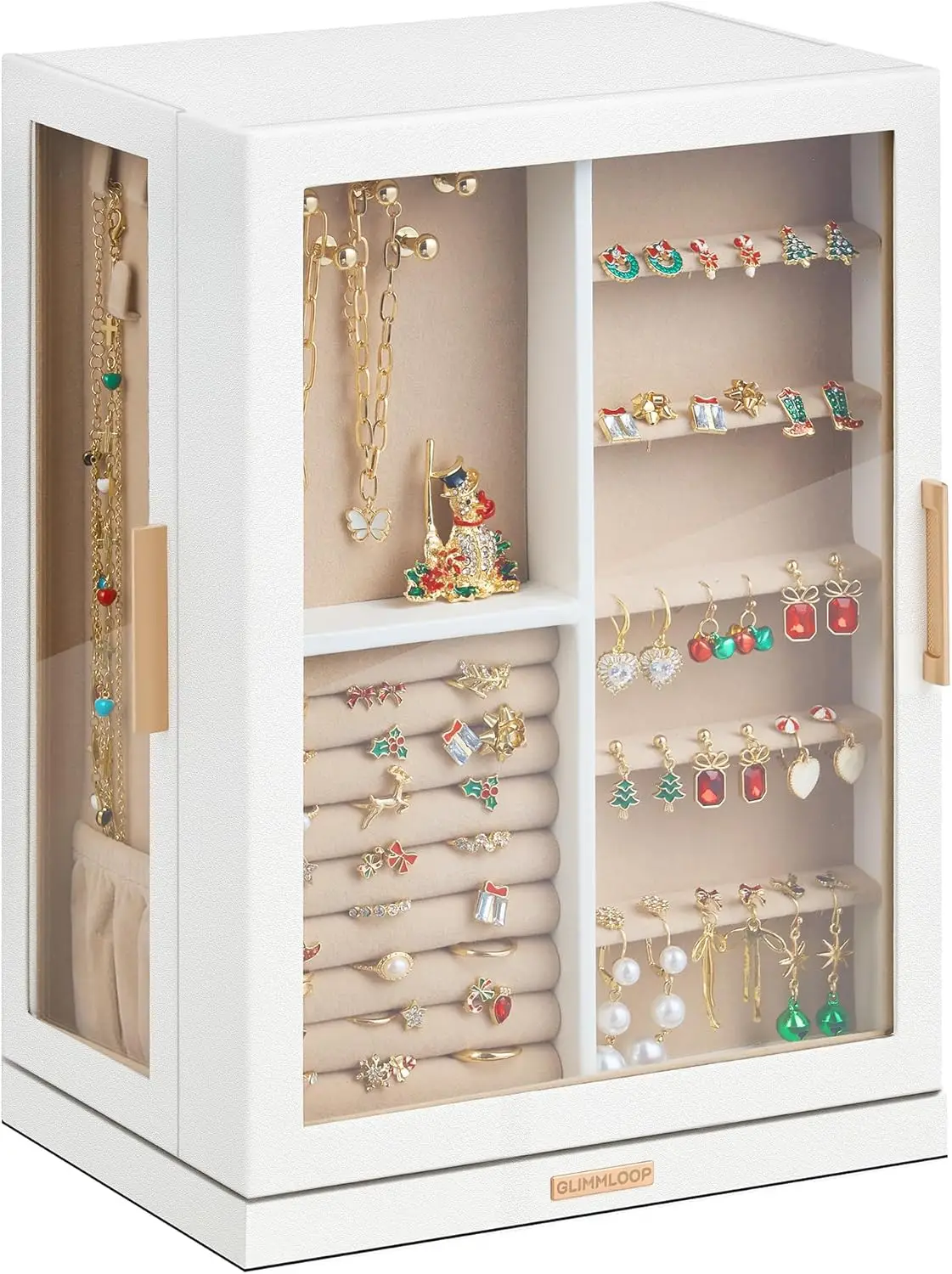 7-Drawer Rotating Jewelry Organizer with Glass Window, Dustproof Storage Case in White
