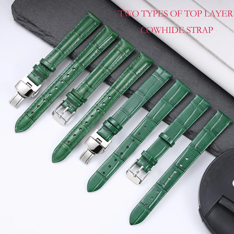 

14mm 20mm 22mm High Quality Bamboo Pattern soft cowhide Strap Men Butterfly Buckle leather Green Watchband Bracelet