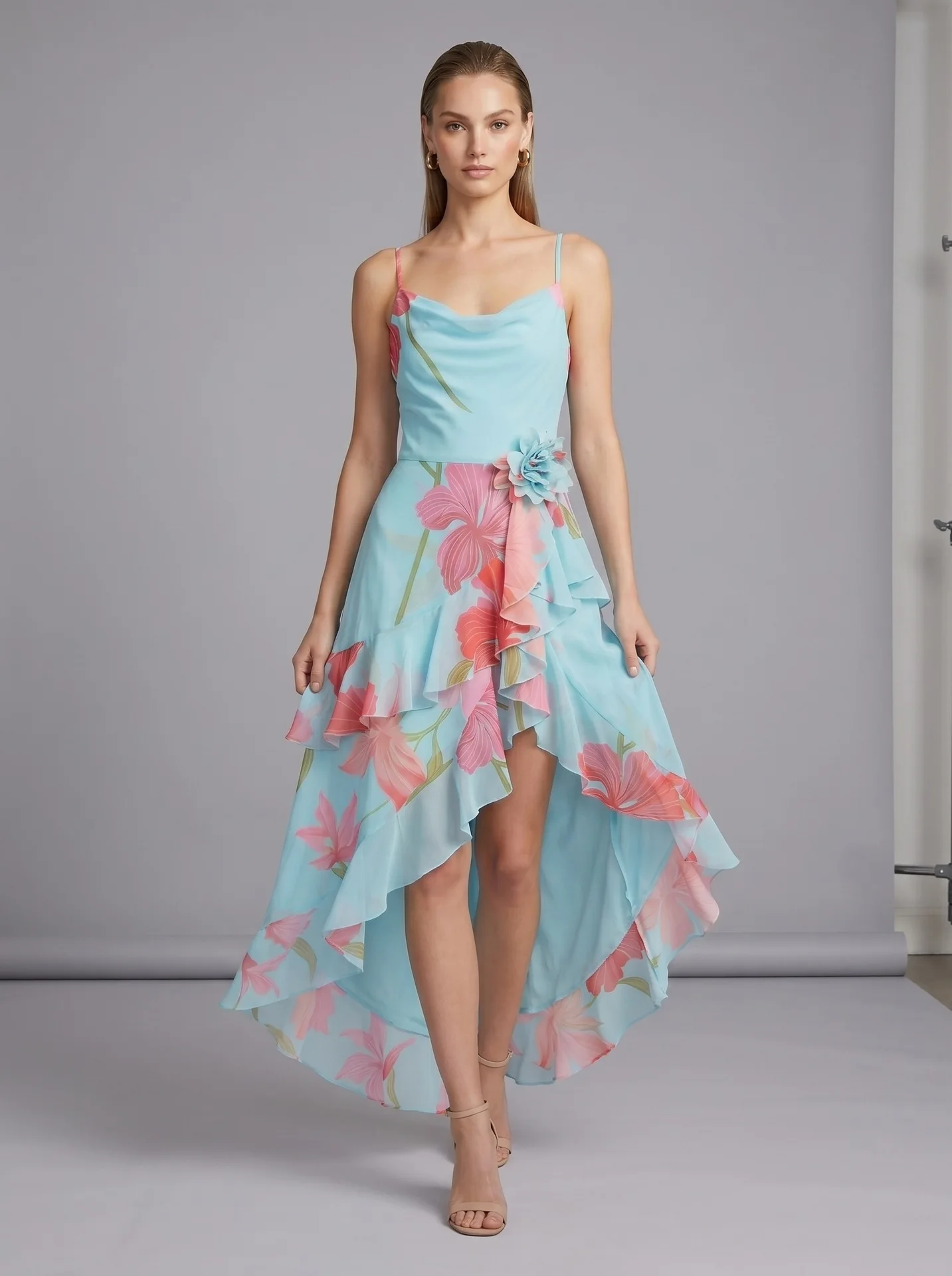 

Summer Sexy Spaghetti Strap Printed Split Ruffles Long Dress Women Sleeveless Backless Flower Dresses Holiday Party Sundress