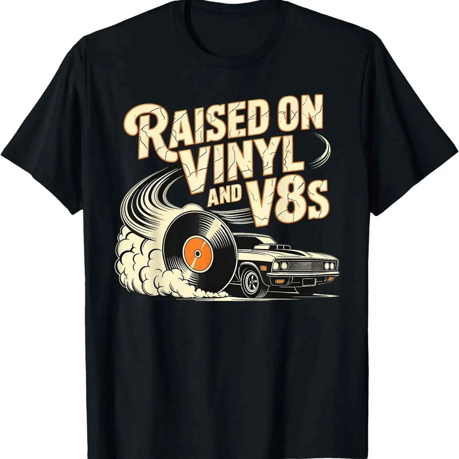 Raised On Vinyl and V8s Retro Car Music Culture T Shirt vintage Washed Breathable designer clothes Top For Everyday Wear