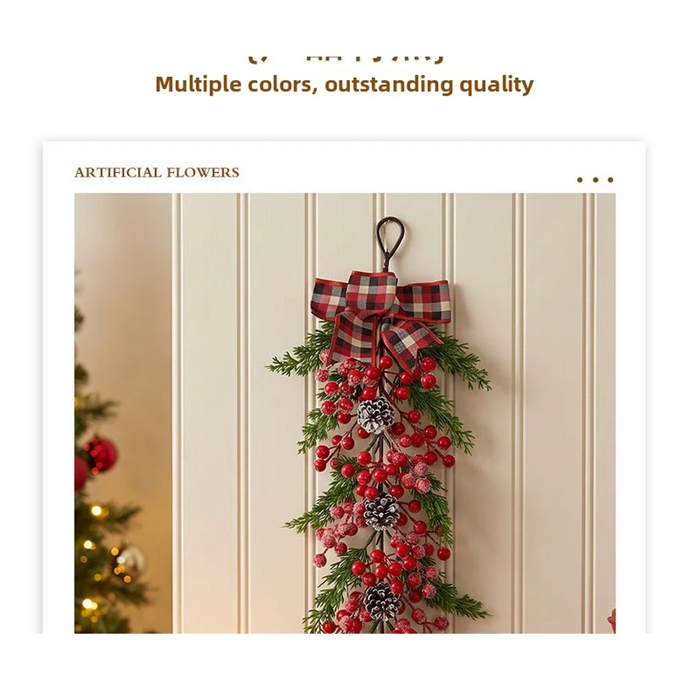 Christmas Wall Hanging Plaid Bow Frosted Pinecone Berry Garland For Nordic Holiday Home Door Mantel Winter Festival Decor