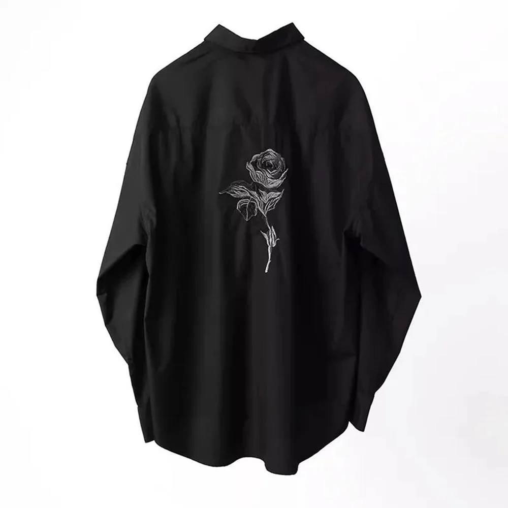 Mens Shirts Embroidered Rose Japanese Style Black Shirt Retro Niche Streetwear Fashion Versatile Easy Fit Shirts Men's Clothing