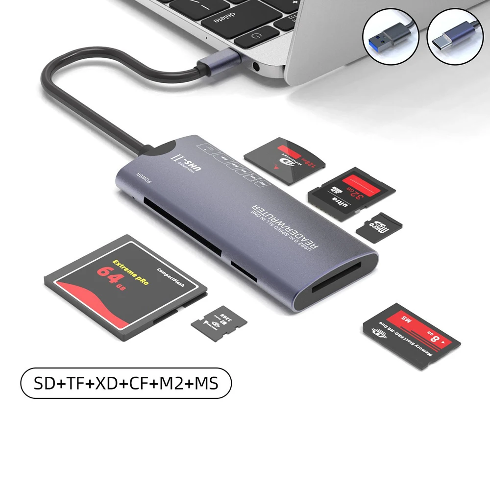USB C Type C Card Reader Micro SD TF XD CF M2 MS Card Viewing Adapter Aluminum Alloy Cooling Camera Memory Card Writing Dongle