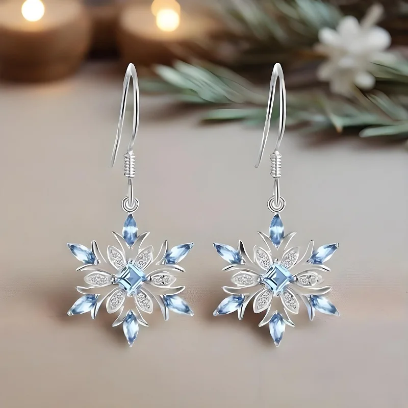 Delicate 925 Sterling Silver Snowflake Design Blue Crystal Zircon Hook Drop Earrings for Women Xmas Party Fashion Jewelry Gifts