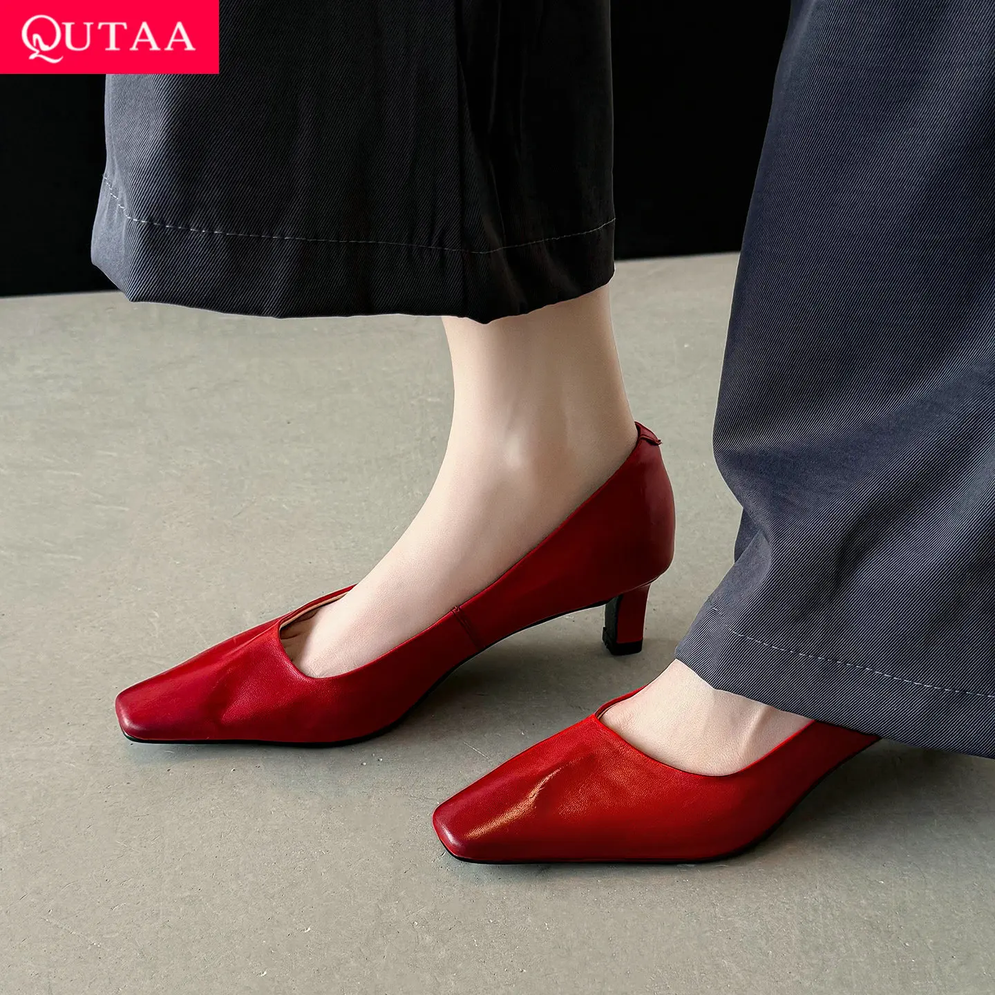 QUTAA 2026 Fashion News Spring Women Pumps Shoes Sexy Mid Heels Sexy Cow Leather Autumn Square Toe Shoes Party Dress 34-40