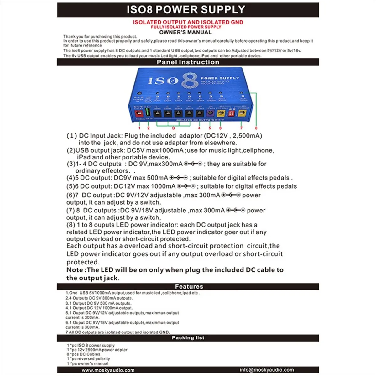 

Блок питания для гитарных педалей ABVB ISO-8 с 8 изолированными выходами постоянного тока и автоматическим определением напряжения (9В, 12В, 18В) для мультиэффектов (США)