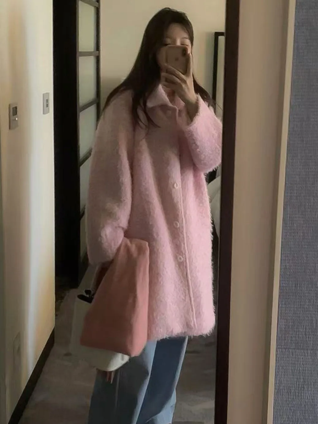 Abrigo elegante largo suave y esponjoso azul bebé para mujer, abrigo reductor de edad, Adorable abrigo coreano Sle para primavera, Otoño e Invierno