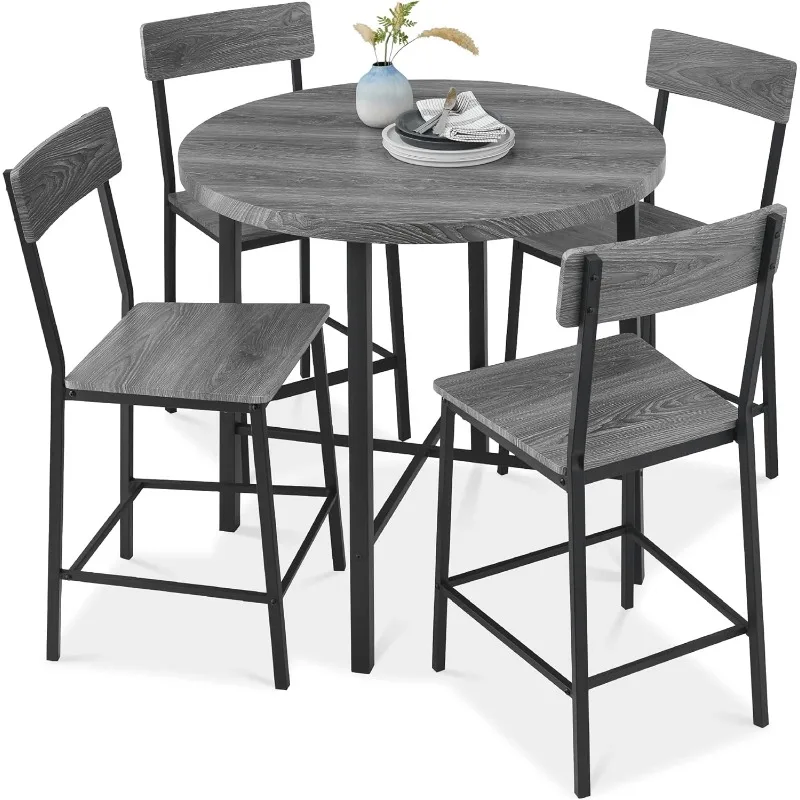 5-Piece Modern Round Counter Height Dining Set for Home Kitchen Dining Room and Garden with 4 Chairs and 1.5 Inch Thick Table