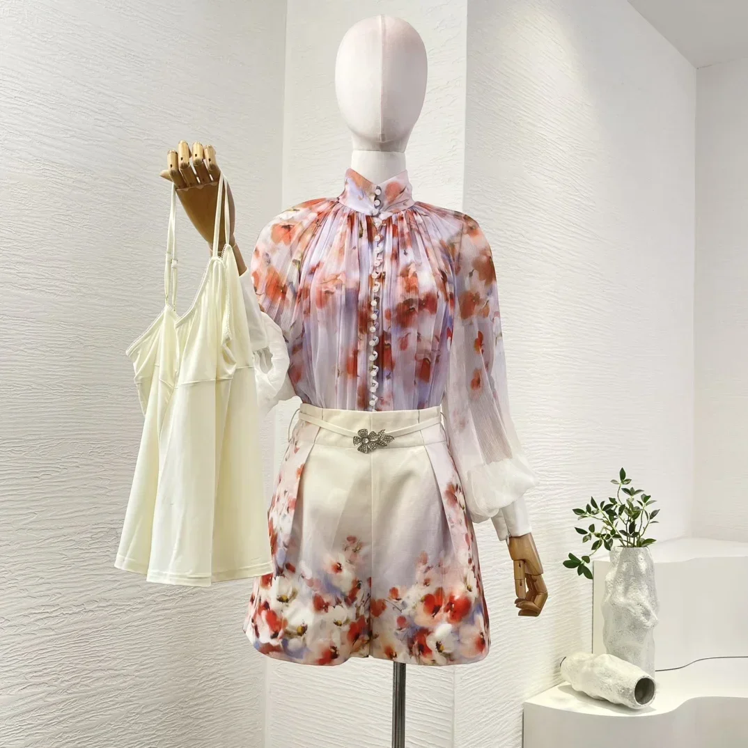 2025 Spring Summer High Quality New Pleats Floral Print Long Sleeve Stand Collar Blouse and Shorts Set Women Outfit