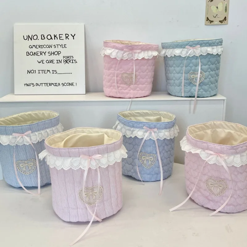 

Sweet Soft Cotton Desktop Organizer Korean Fashion Lace Bow Heart Makeup Up Holder Portable Snack Stationery Photocard Storage
