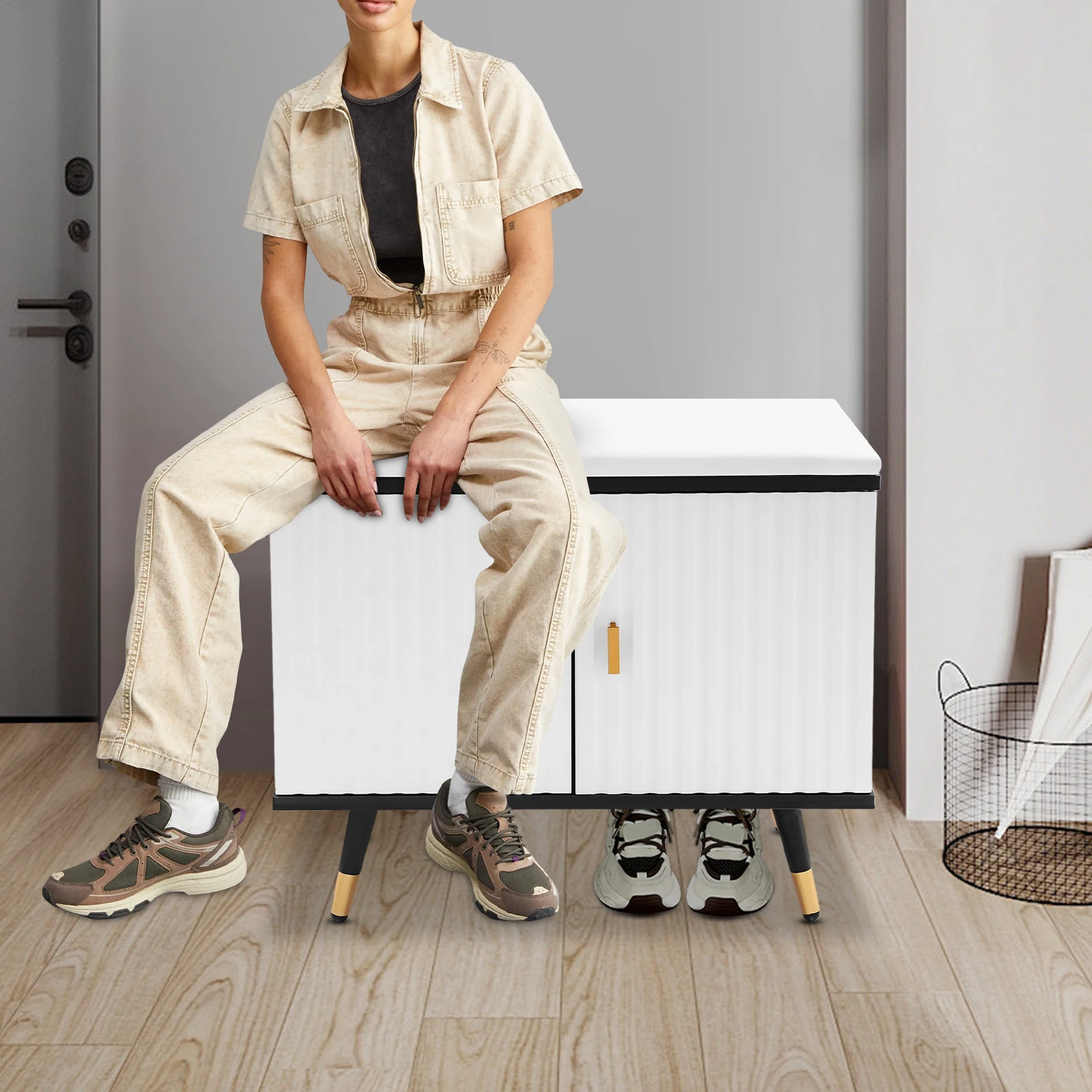 مقعد أحذية حديث قائم بذاته مع مساحة تخزين من طبقتين وقسم قابل للإزالة، وأرجل معدنية، وقدرة تحميل 100 كجم لغرف المعيشة