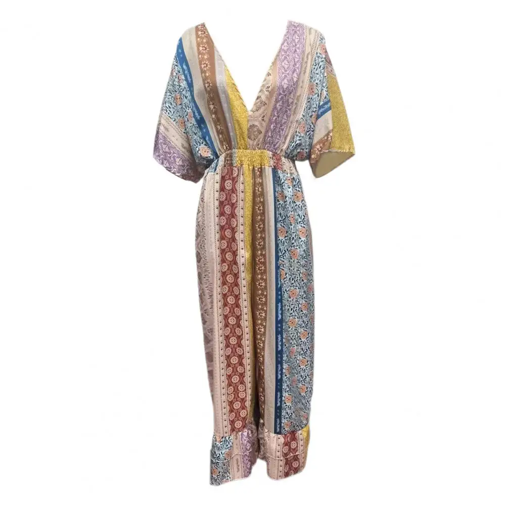 

Women Jumpsuit Bohemian Print V Neck Jumpsuit for Women Summer Beach Romper with Wide Leg Pants Half Sleeves V-neck Jumpsuit