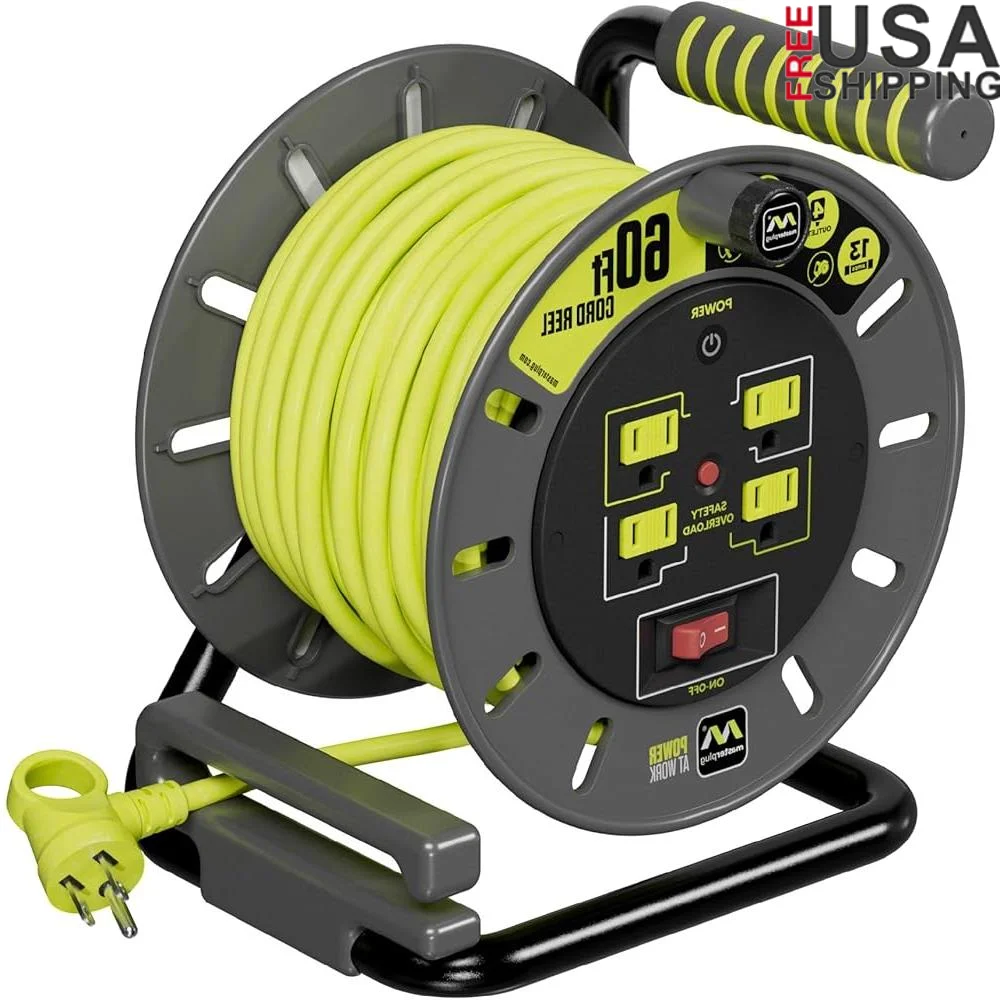 

60ft Retractable Extension Cord Reel 4 Outlets Safety Overload Breaker Power Switch Tangle-Free Design Portable Power Solution