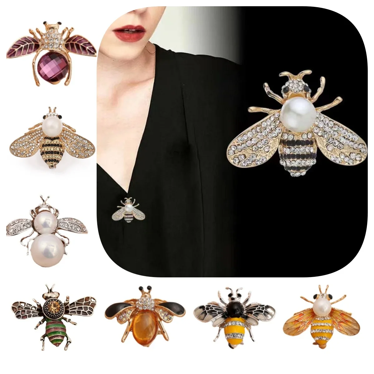 

Brand Design Insect Series Various Colors Cute Bee Metal Brooch Inlaid with Zircon Pearl Women's Party Jewelry Rhinestones Gift