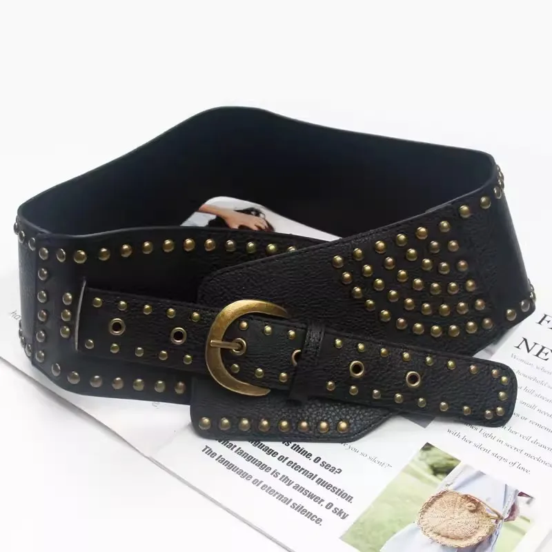 PU Leather Rivet Punk Espartilho Elástico para Mulheres, Feminino Cummerbund, Casaco Cintura, Decoração de Vestido, Cinto Largo, J396