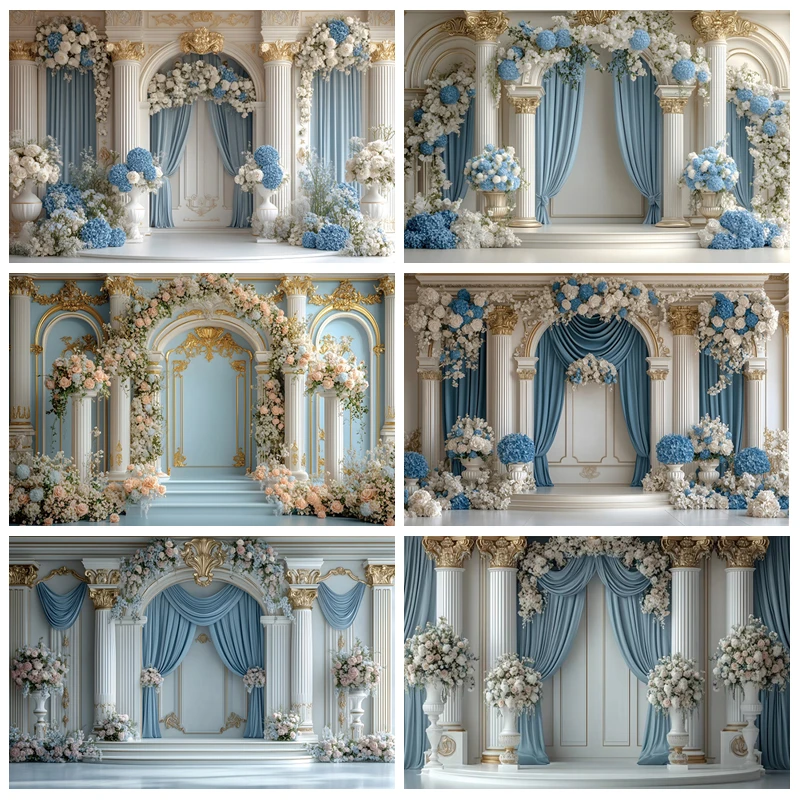 

Blue Curtains Palace Arches Columns Photography Backgrounds Wedding Party Decor Floral Bride Portrait Photo Shoots Backdrop Prop