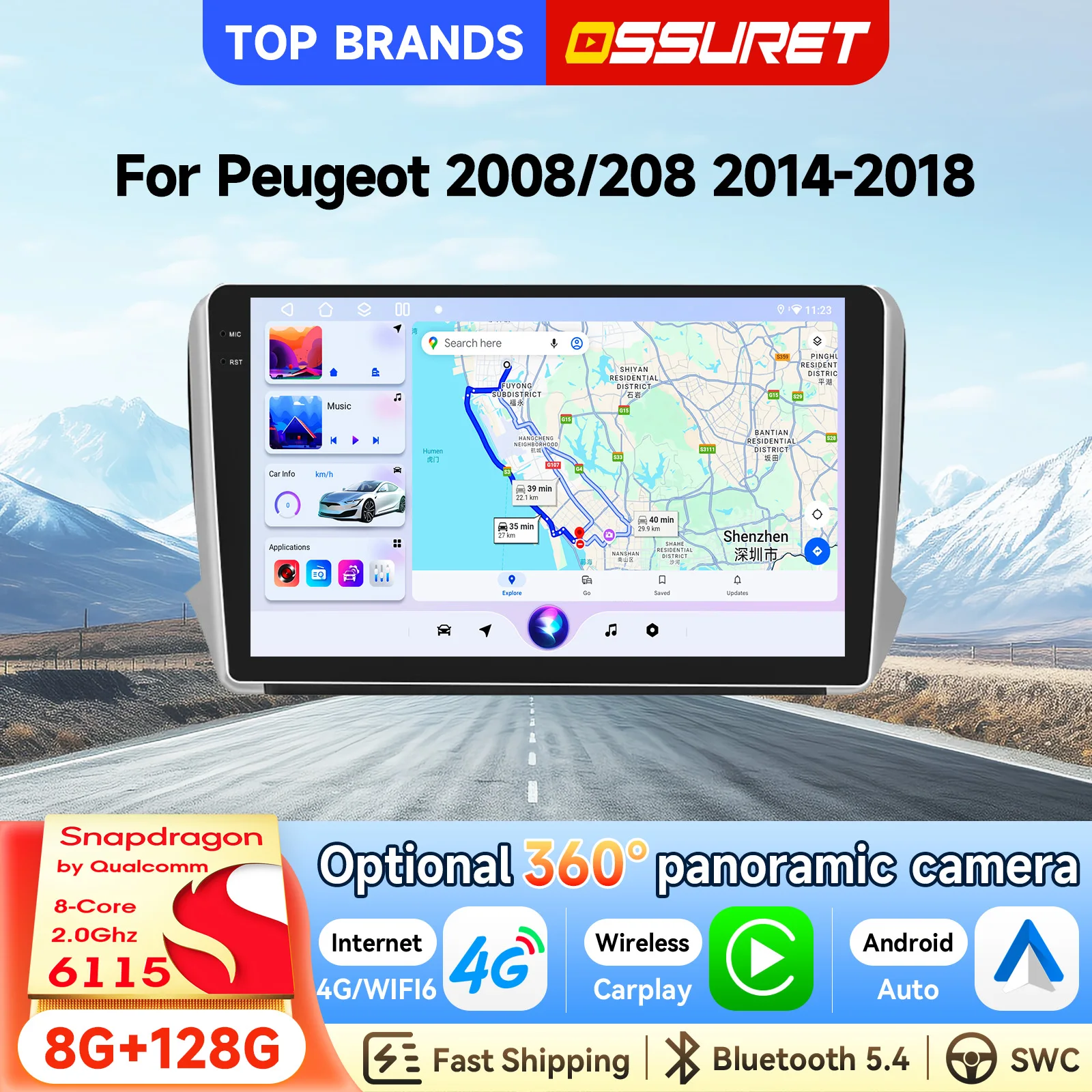 OSSURET Schneller Versand 10,1 Zoll 2 Din Android 15 Autoradio für Peugeot 2008/208 2014-2018 mit Snapdragon 6115 Octa Core GPS-Navigation Bluetooth SWC Wireless Carplay Android Auto Touchscreen WiFi